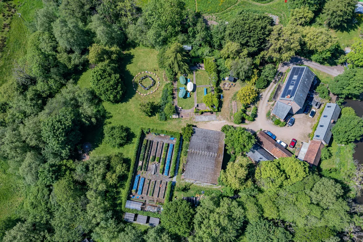 The grounds and surrounding countryside photographed from the air