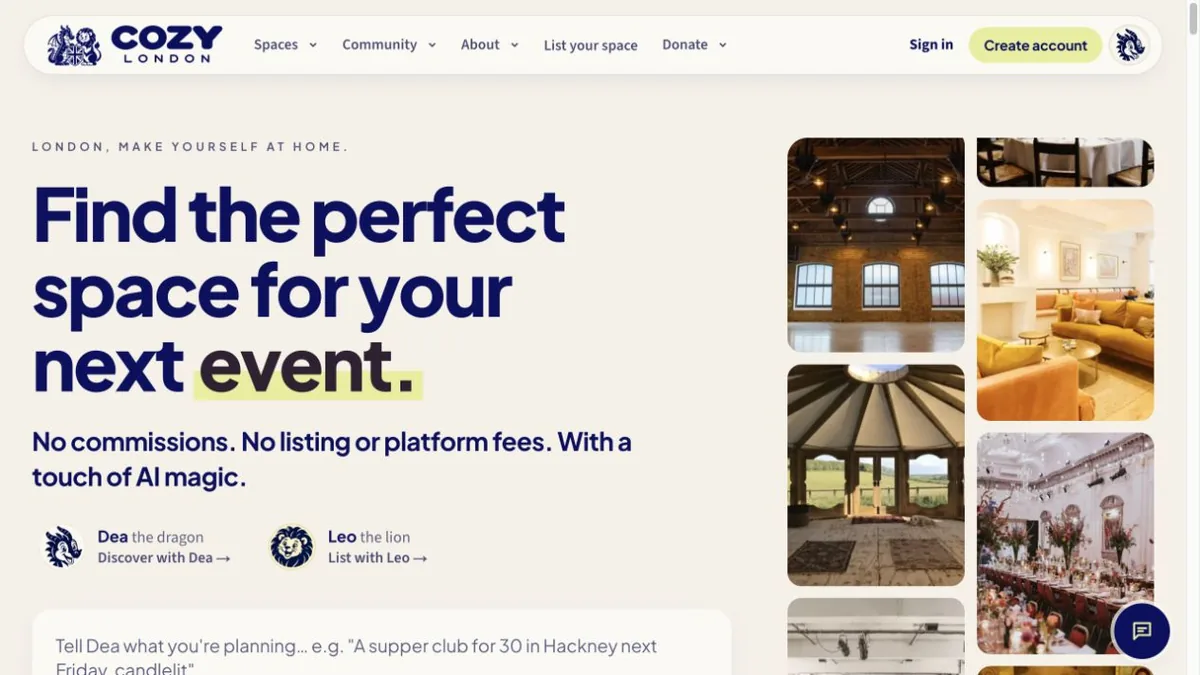 The COZY London landing page, headed “Find the perfect space for your next event”, beside photographs of event venues