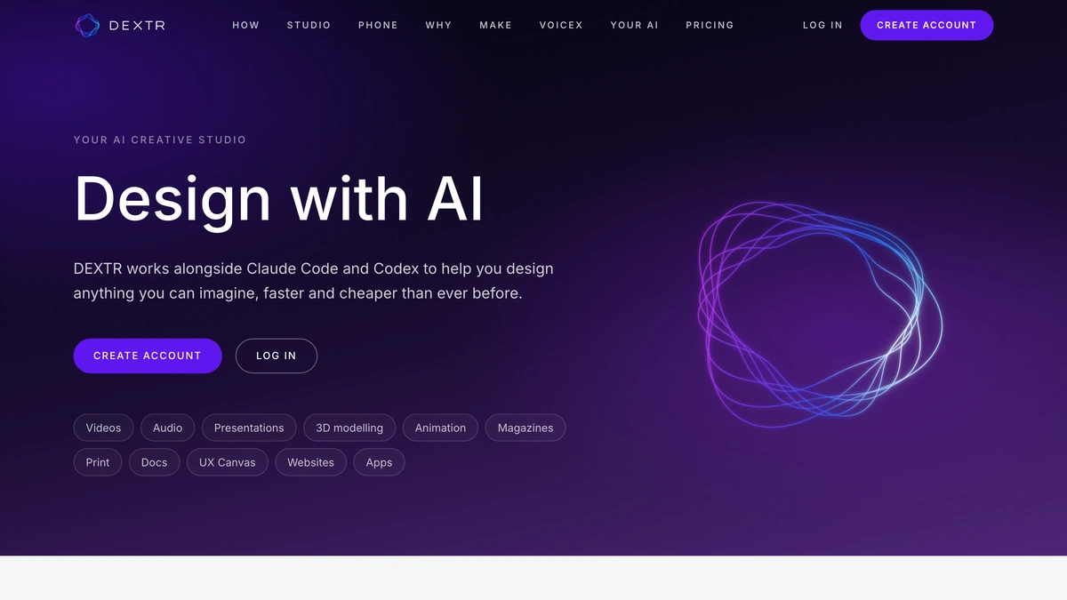 The DEXTR landing page, headed “Design with AI”