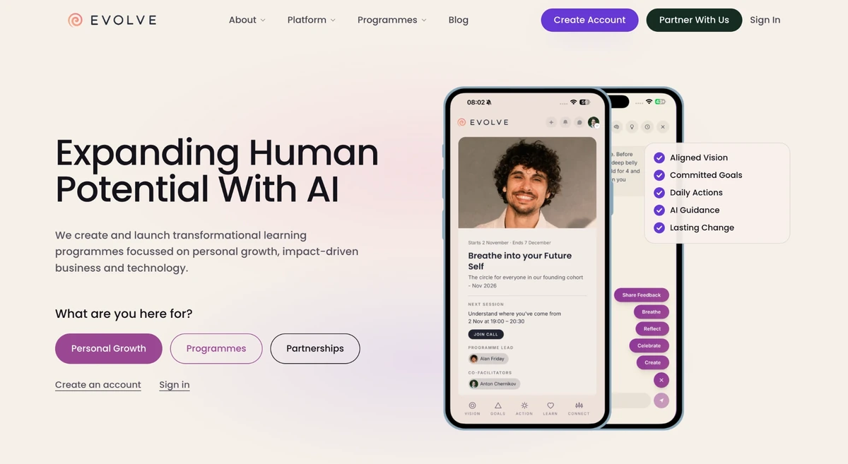 The Evolve landing page, headed “Expanding Human Potential With AI”