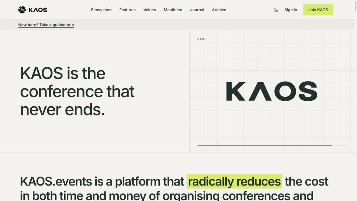 The KAOS landing page, headed “KAOS is the conference that never ends.”