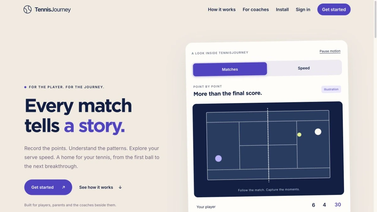 The Tennis Journey landing page, headed “Every match tells a story.”, beside an illustrated tennis court