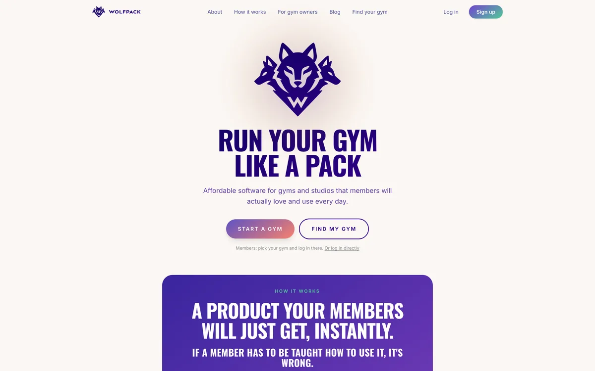 The Wolfpack landing page, headed “Run Your Gym Like A Pack”