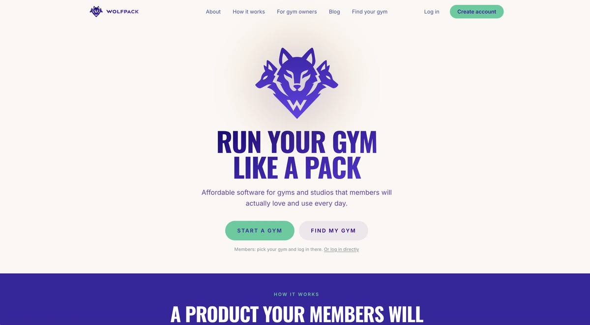 The Wolfpack landing page, headed “Run Your Gym Like A Pack”